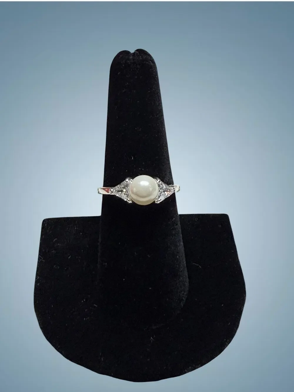 Vintage Faux Pearl CZ Style Ring Silver Tone Bridal Romantic Size 7.75